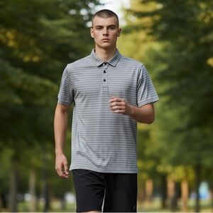 Lululemon Athletica Men's Evolution Polo Gray & White Striped Size-XL EUC